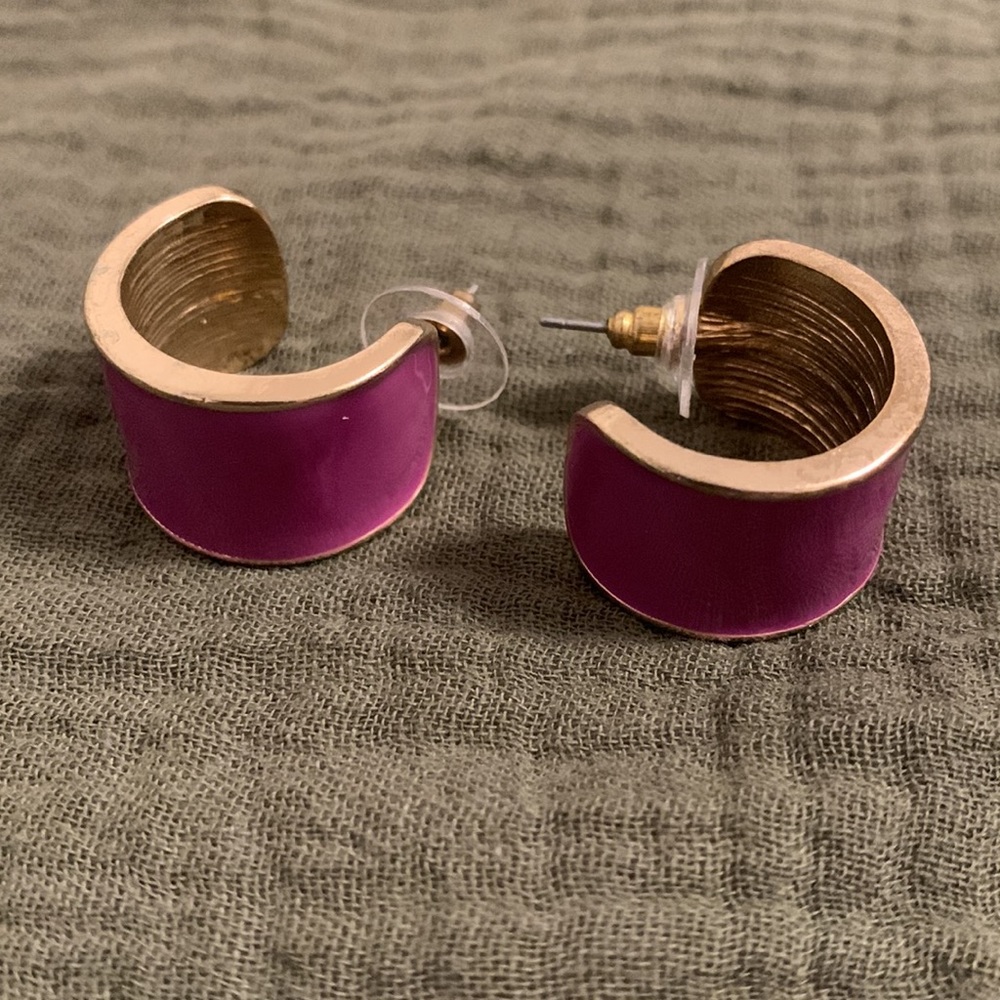 ZARA Chunky Purple Enamel Hoop Earrings Gold Tone Statement Hoops